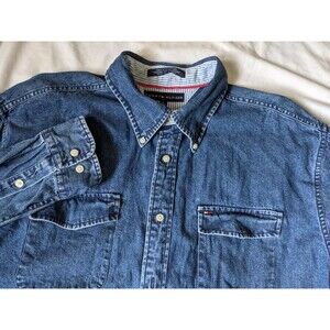 1990s vintage TOMMY HILFIGER jean shirt men's XL blue denim pockets long sleeve